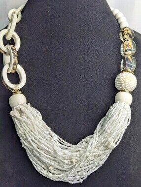 Chico's White & Leopard Mixed Media Chunky Statement Torsade Necklace, Adj